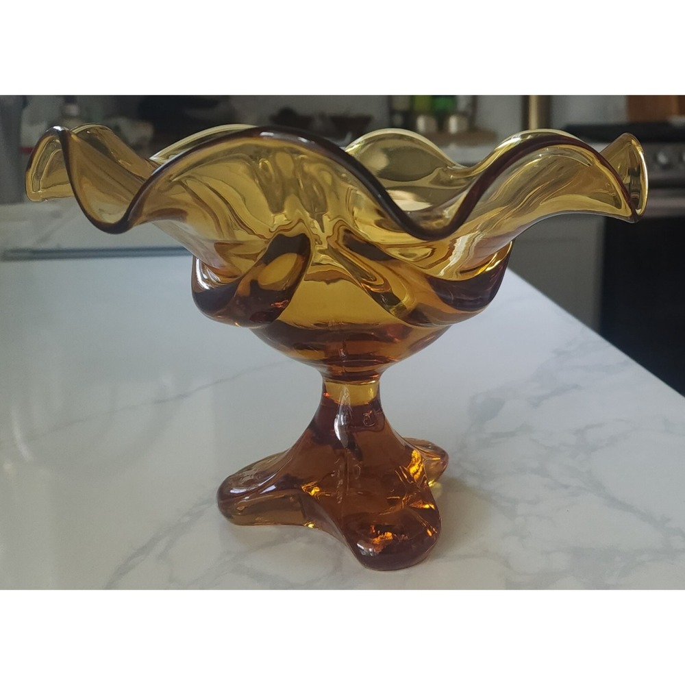 Vintage 1970s Viking Amber Glass Pedestal Drape Candy Dish